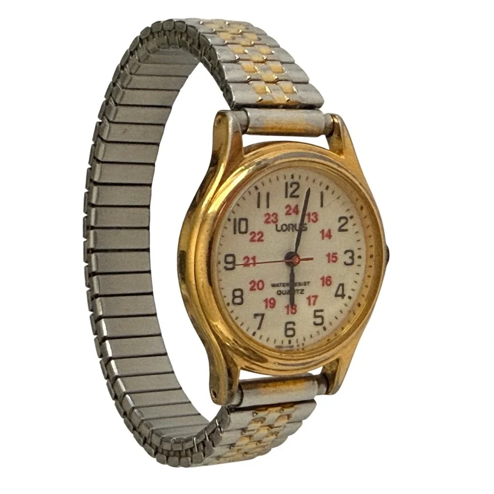 Vintage Lorus Quartz Watch Japan Movt Gold Tone 24 Hour Dial Stretch Band